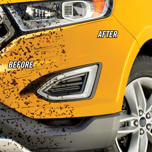 Car detailing: before & after insect grime removal. Yellow auto bumper, headlight restored. Road trip car care!