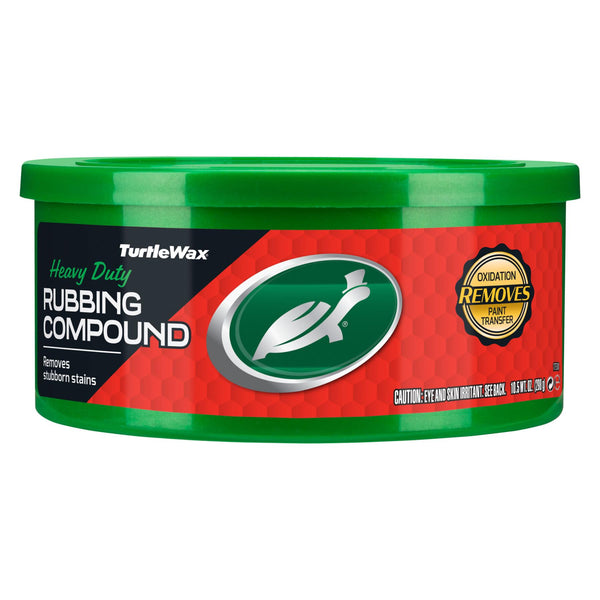 Turtle Wax Heavy Duty Rubbing Compound in a green container. Removes oxidation, paint transfer, and stubborn stains. Car care product.