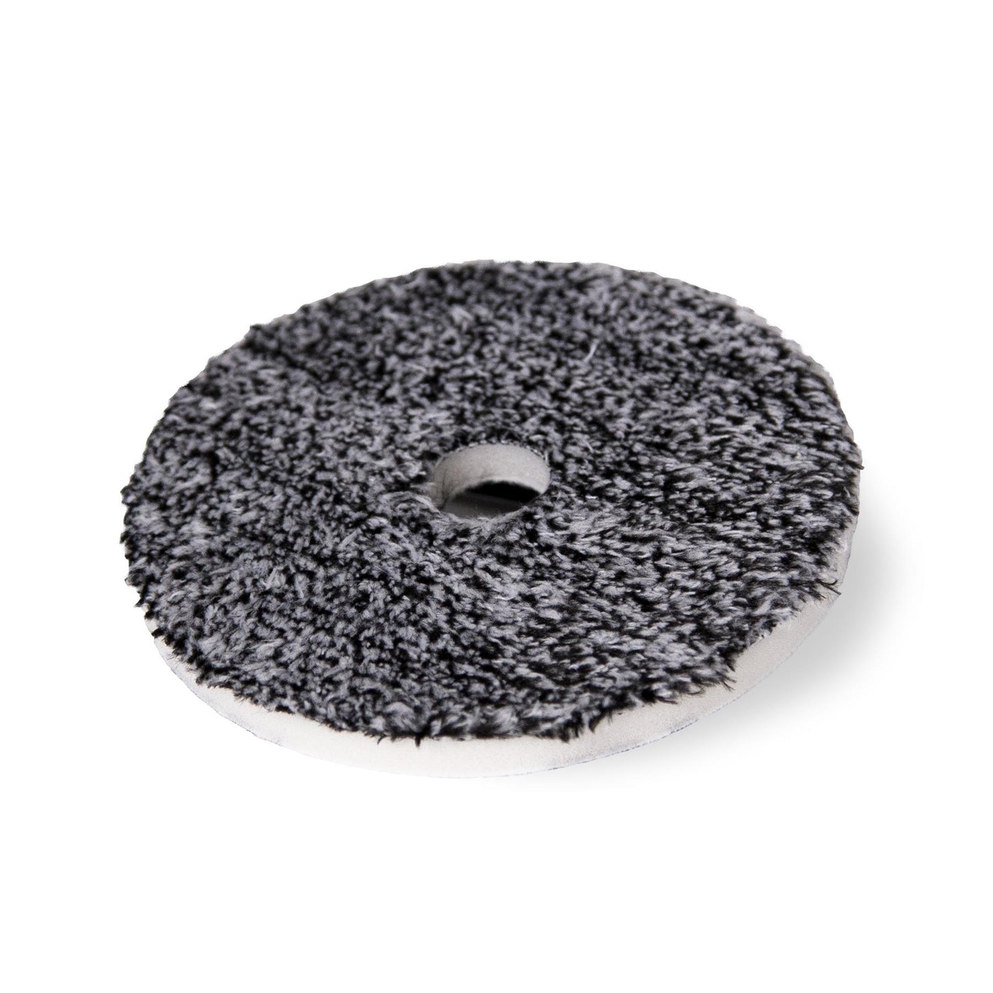 Detail of a gray & white microfiber foam pad with a center hole for auto care in the US.