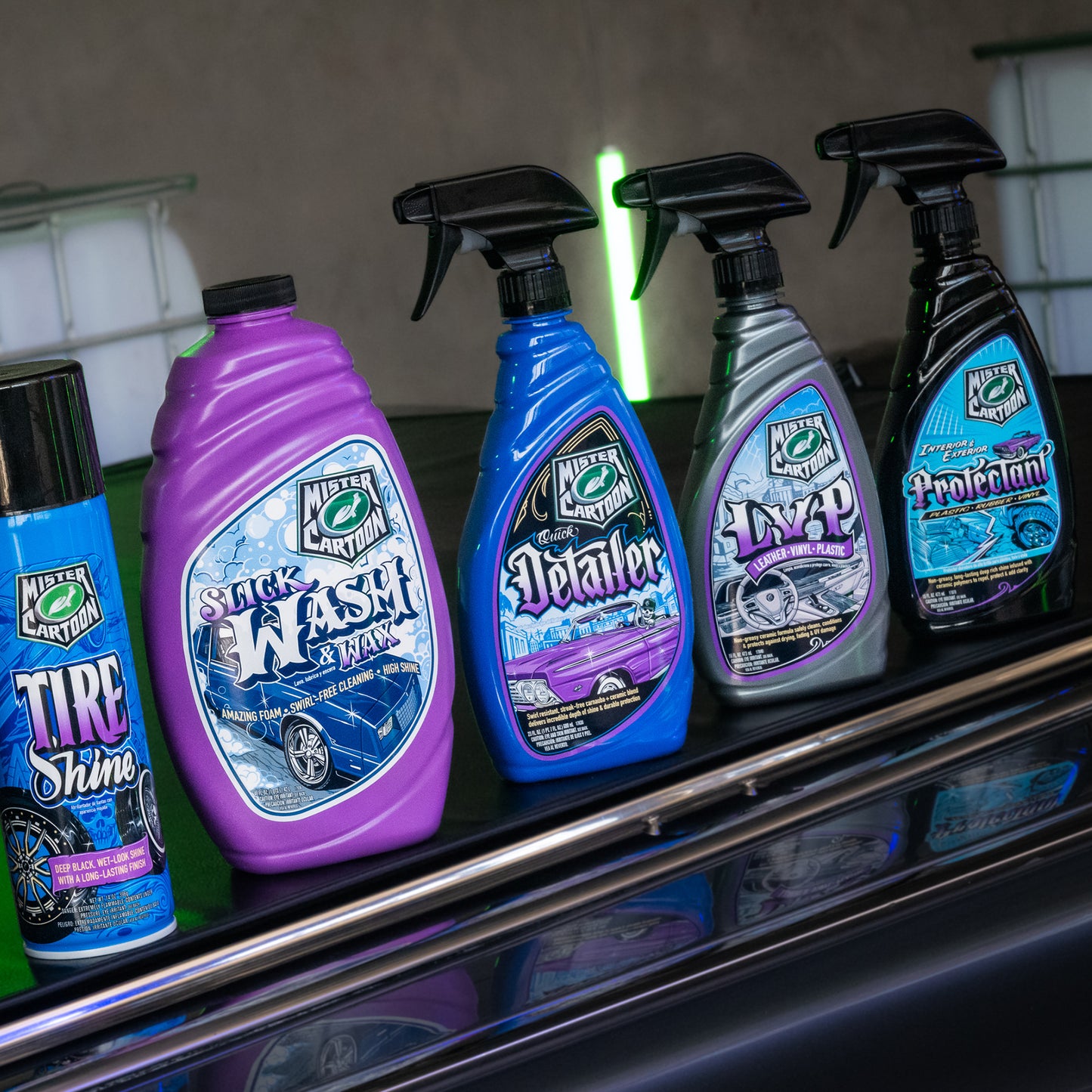 Mister Cartoon car care products: tire shine, wash, detailer, leather vinyl plastic cleaner, and interior exterior protectant.