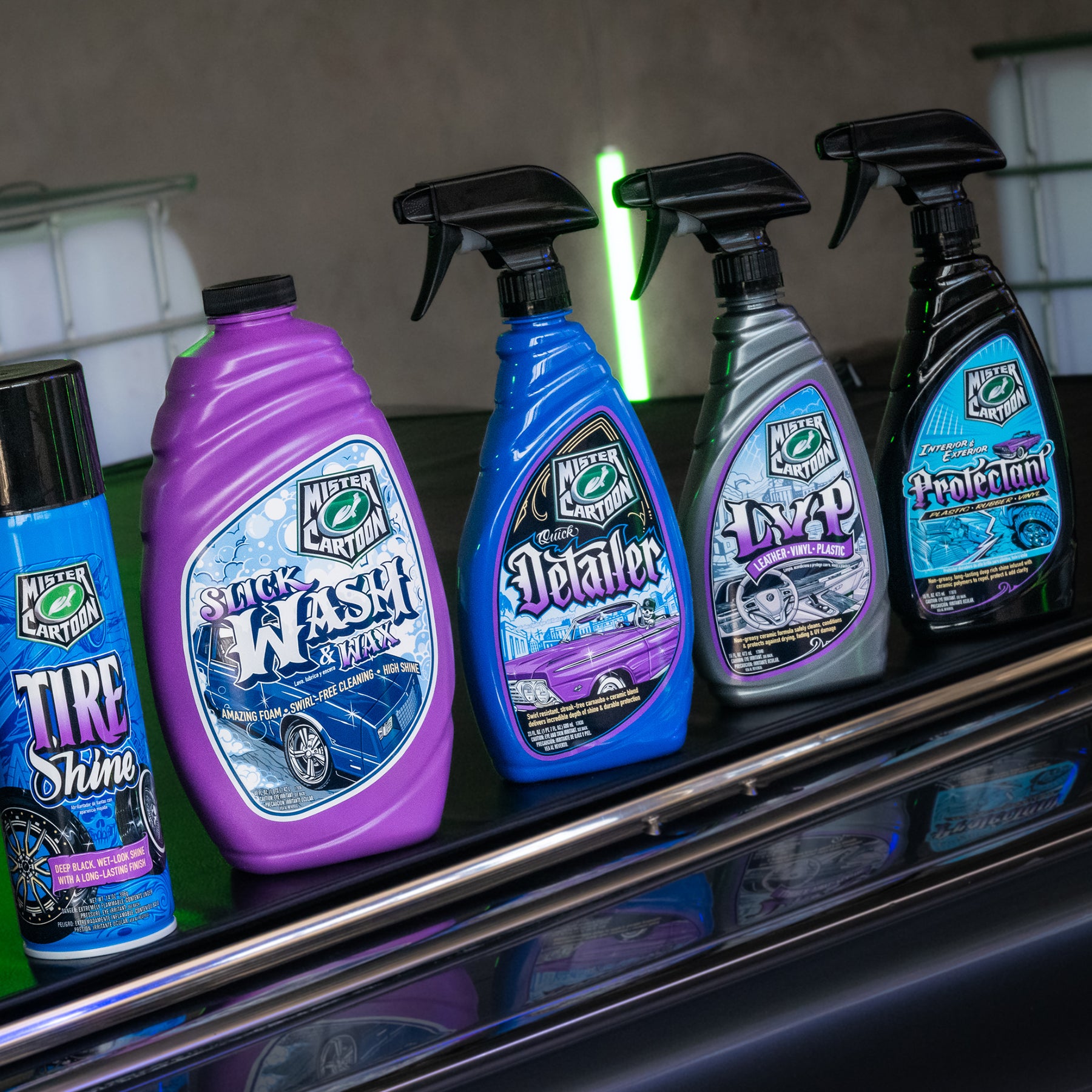 Mister Cartoon car care products: tire shine, wash, detailer, leather vinyl plastic cleaner, and interior exterior protectant.