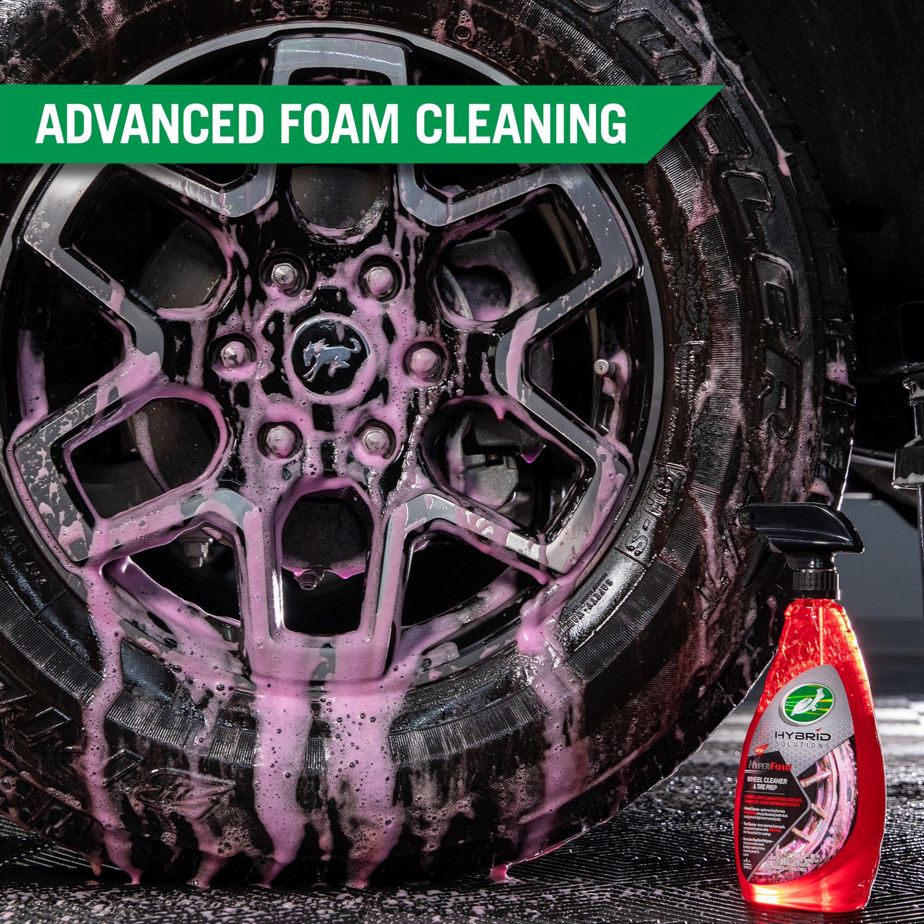 Foam cleaning car wheel with Turtle Wax Hybrid Solutions HyperFoam Wheel Cleaner and Tire Prep.