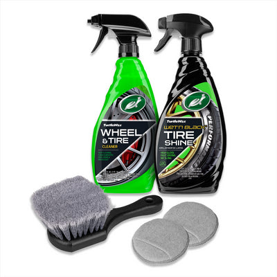 Turtle Wax car care: wheel cleaner and tire shine set. Includes cleaning brush and applicator pads. Car detailing products.