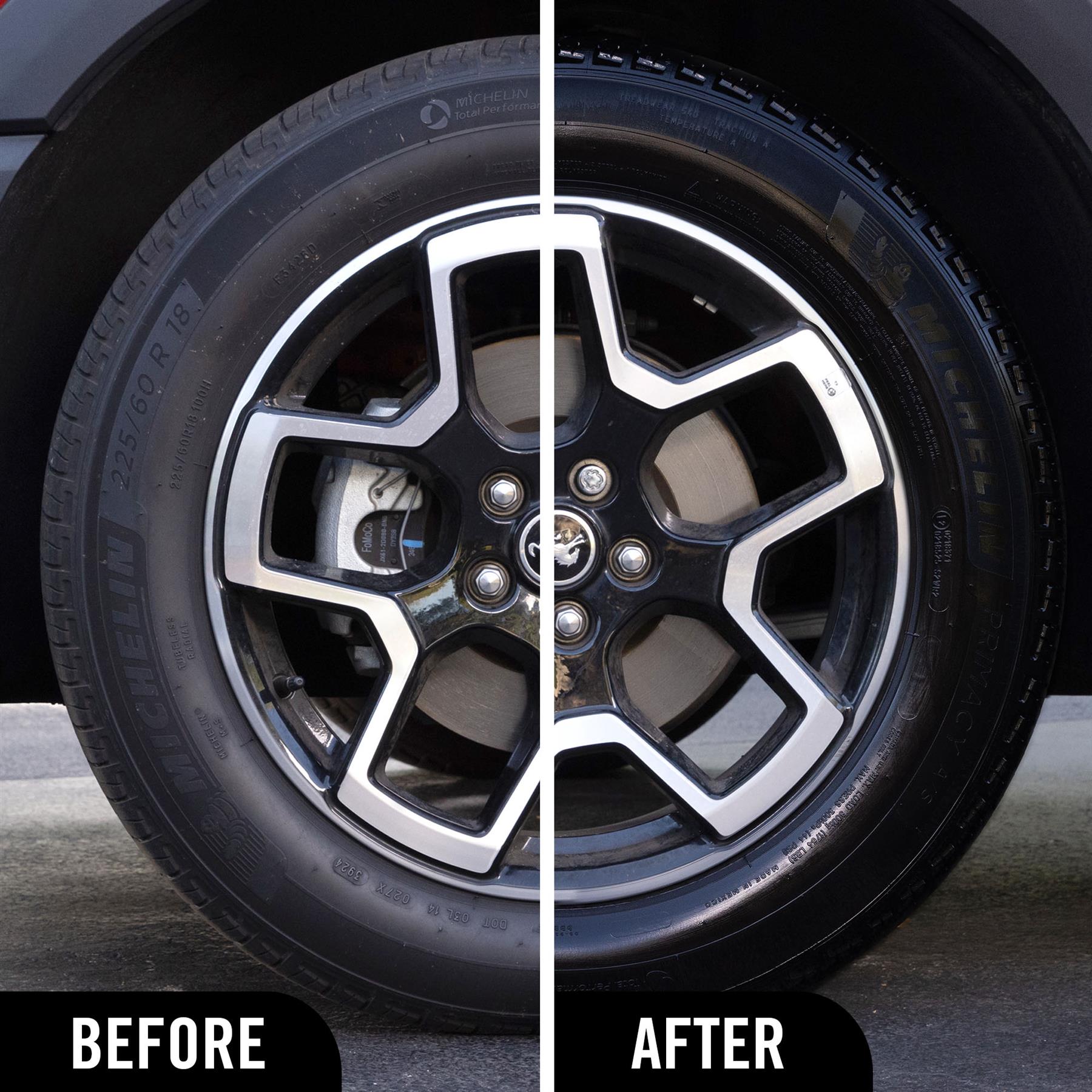 Before and after use of 1& Done High Gloss Shine on car tyres 