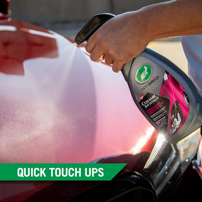 Ceramic coating application on auto paint. Turtle Wax Hybrid Solutions detailer spray provides a waterless clean and shine boost.