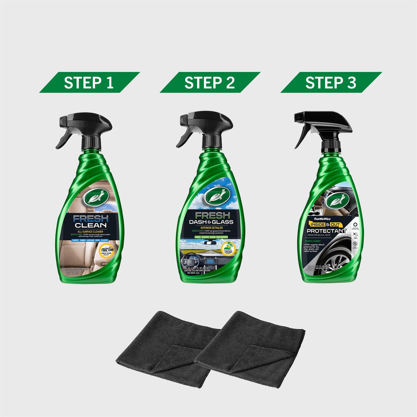 3-step Turtle Wax interior car cleaning kit. Includes all-surface cleaner, dash & glass detailer, & interior protectant with towels.