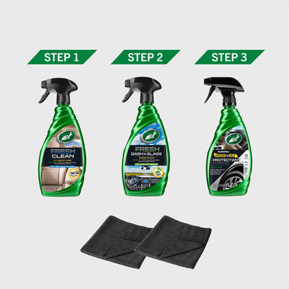 3-step Turtle Wax interior car cleaning kit. Includes all-surface cleaner, dash & glass detailer, & interior protectant with towels.