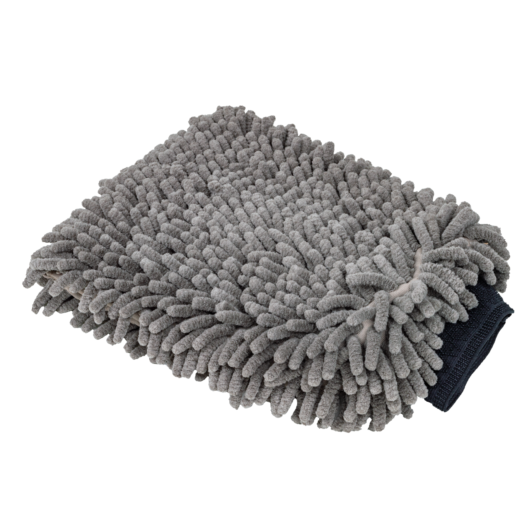 Gray wash mitt with plush microfiber chenille. Car cleaning tool shown against black backdrop.