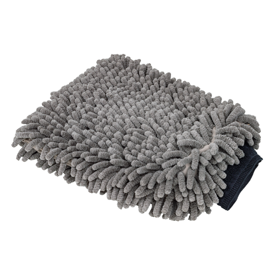 Gray wash mitt with plush microfiber chenille. Car cleaning tool shown against black backdrop.