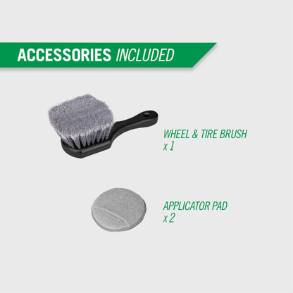 Wheel and tire car care accessories: a gray brush and two gray applicator pads.