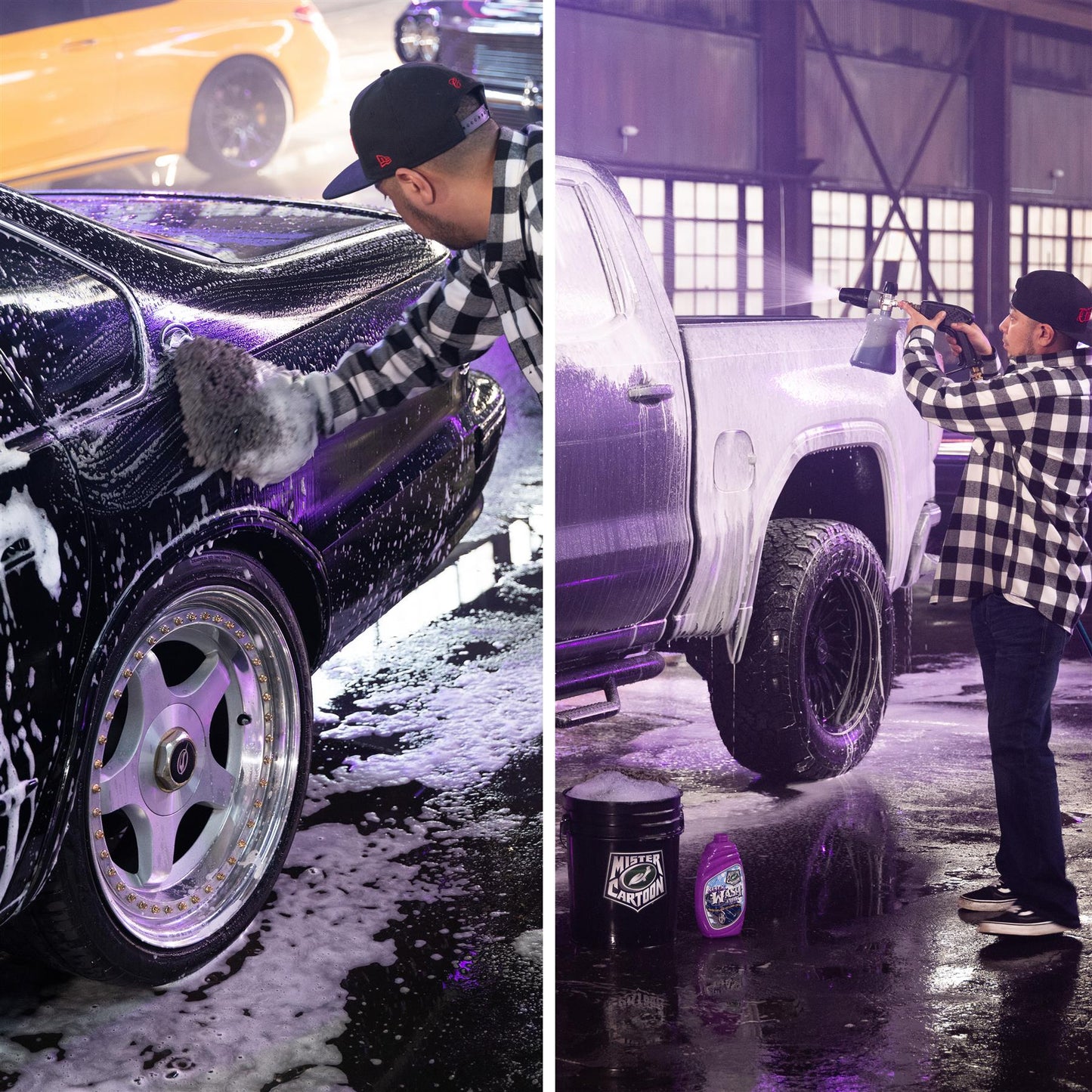 Car detailing. Black car wash with foam & special rims. Silver truck is being power washed. Mister Cartoon product.