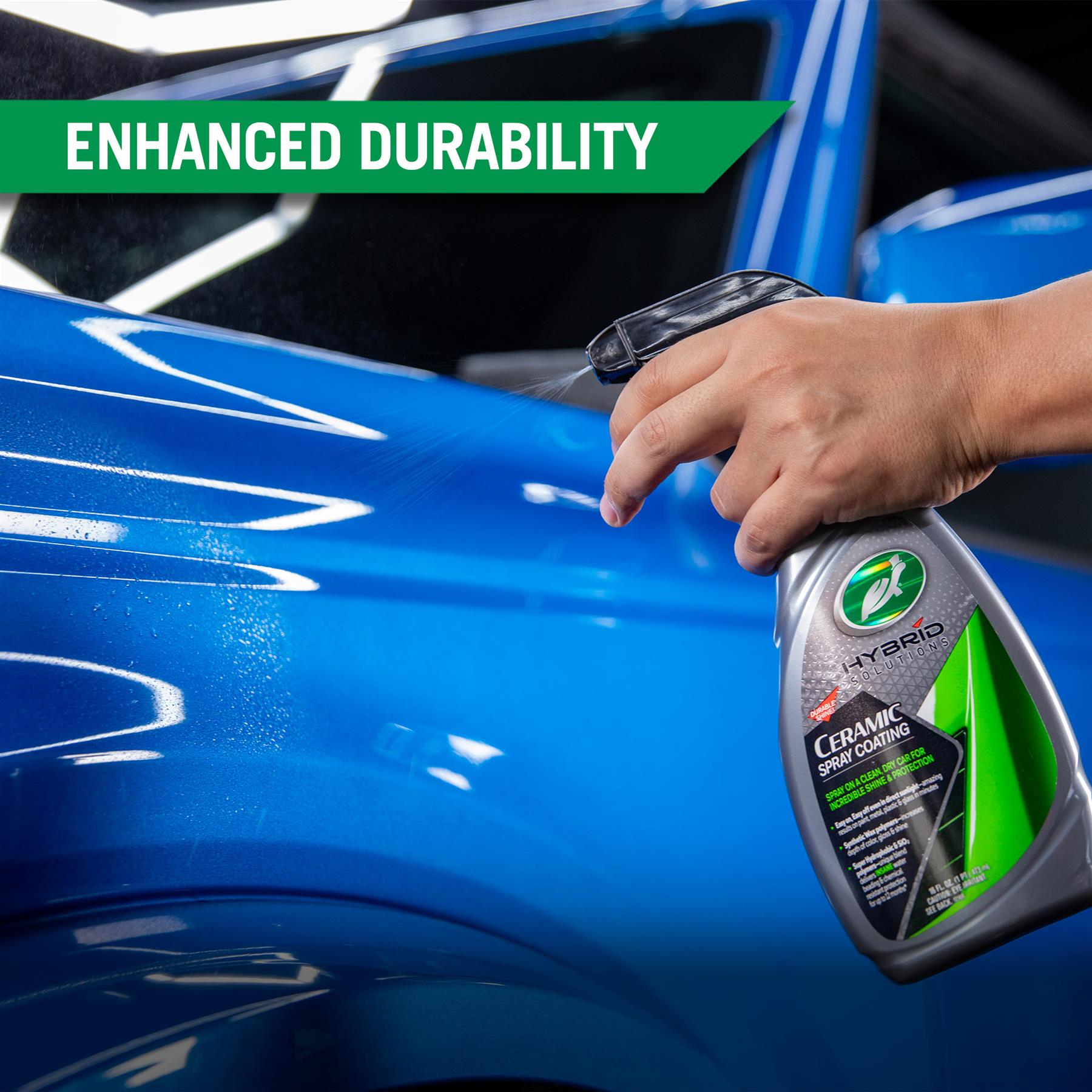 Detailing a blue car with Turtle Wax Hybrid Solutions ceramic spray coating for hydrophobic protection & enhanced shine. Car care made easy.