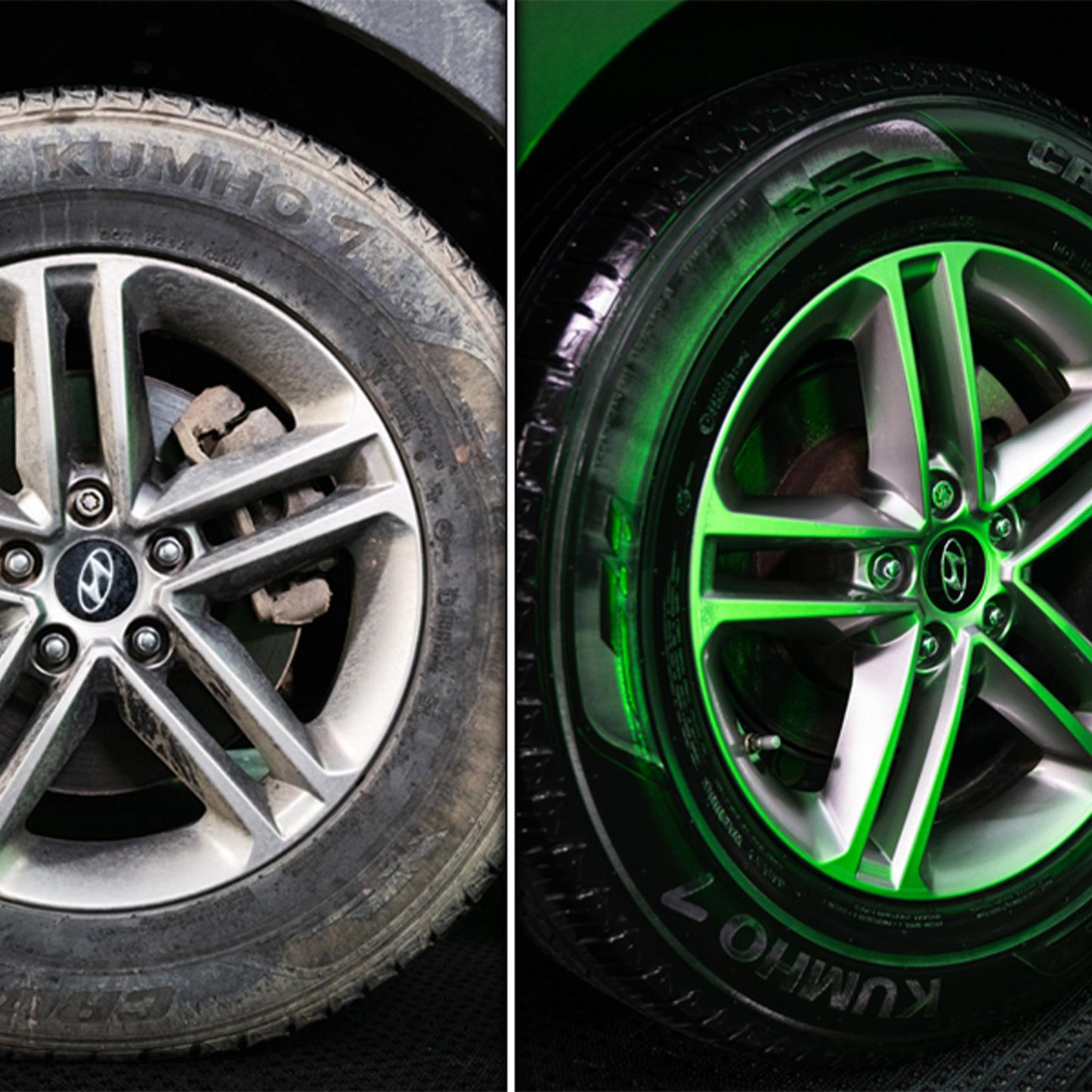 Car wheel before & after cleaning. Dirty Kumho tire & wheel vs. shiny, clean rim, and tire with Turtle Wax product.
