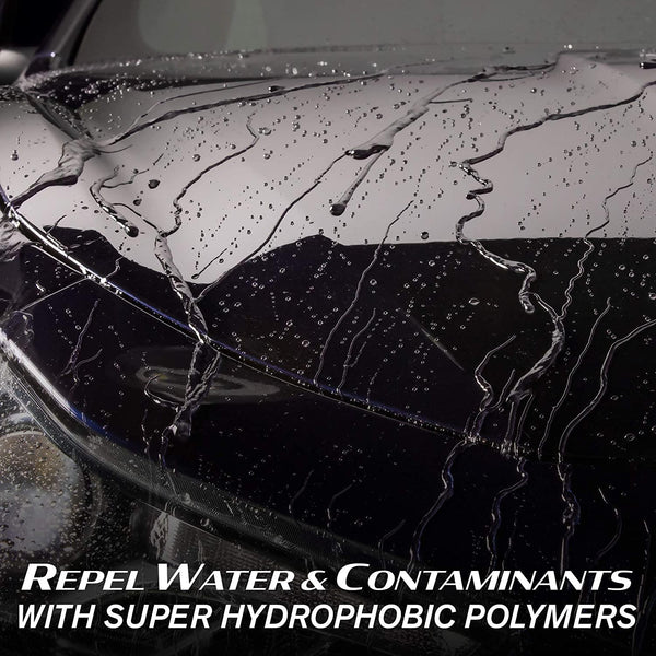 The use of Super Hydrophobic Polymers repels water and contaminants to protect your cars surface