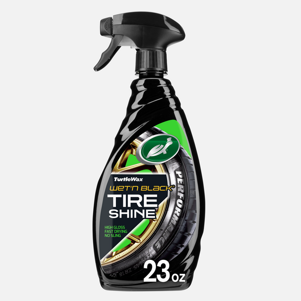 Turtle Wax Wet'n Black tire shine spray bottle. The packaging promises high shine, fast drying, and no sling for car tires.