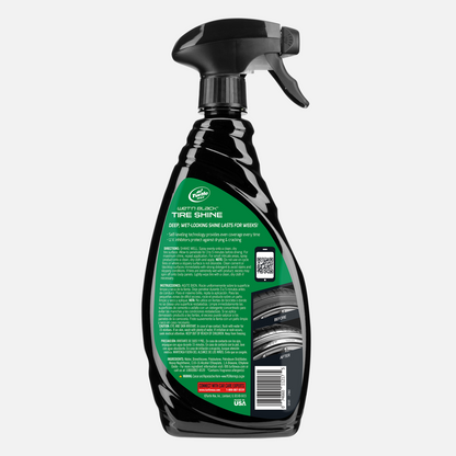 Turtle Wax Wet'n Black Tire Shine spray bottle. See before & after tire shine results. Protects, self-levels for wet-looking, deep black shine.