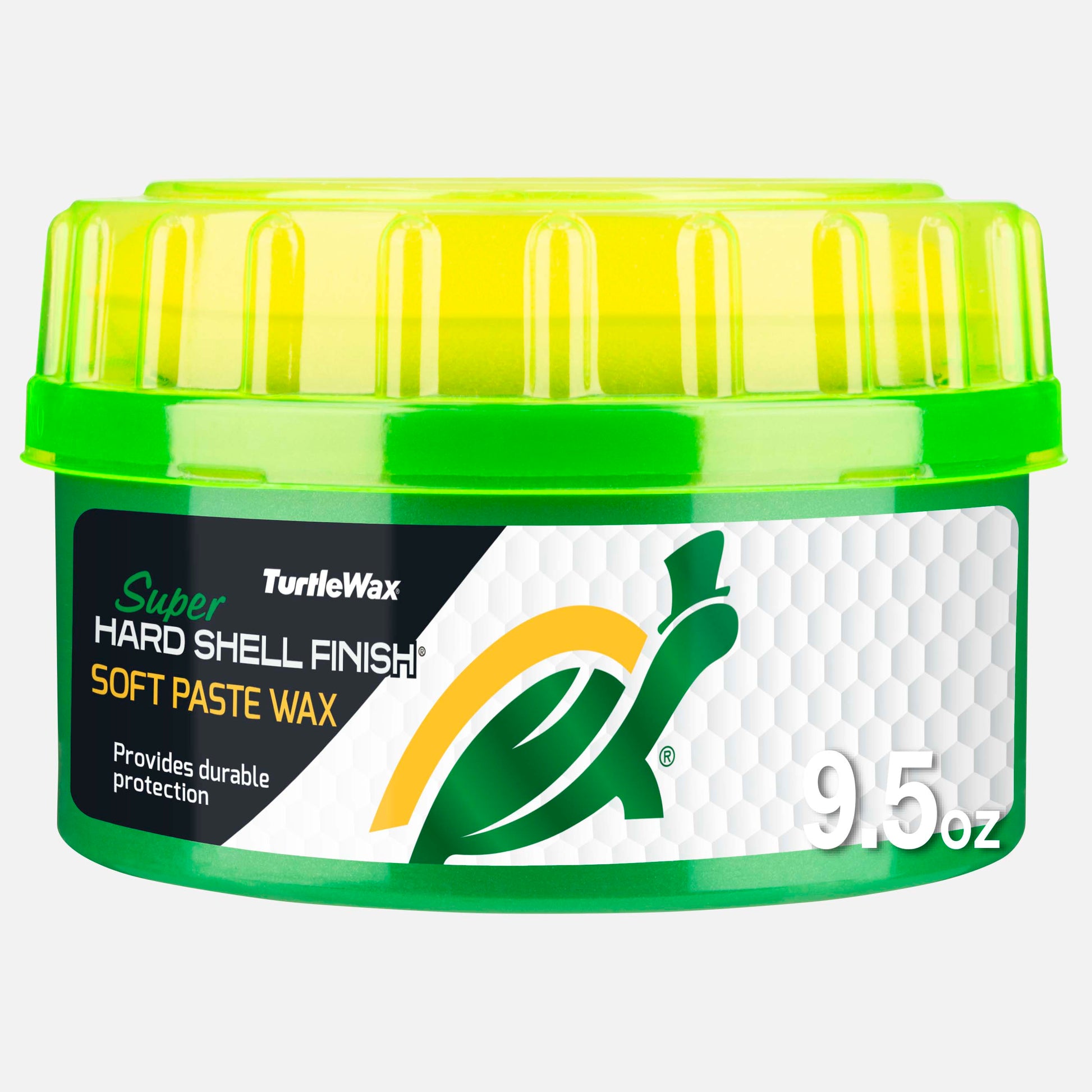 Turtle Wax Hard Shell car wax paste in green container. Car care product with trusted brand logo and durability guarantee.