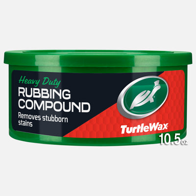 Turtle Wax Heavy Duty Rubbing Compound in a green container. Removes oxidation, paint transfer, and stubborn stains. Car care product.