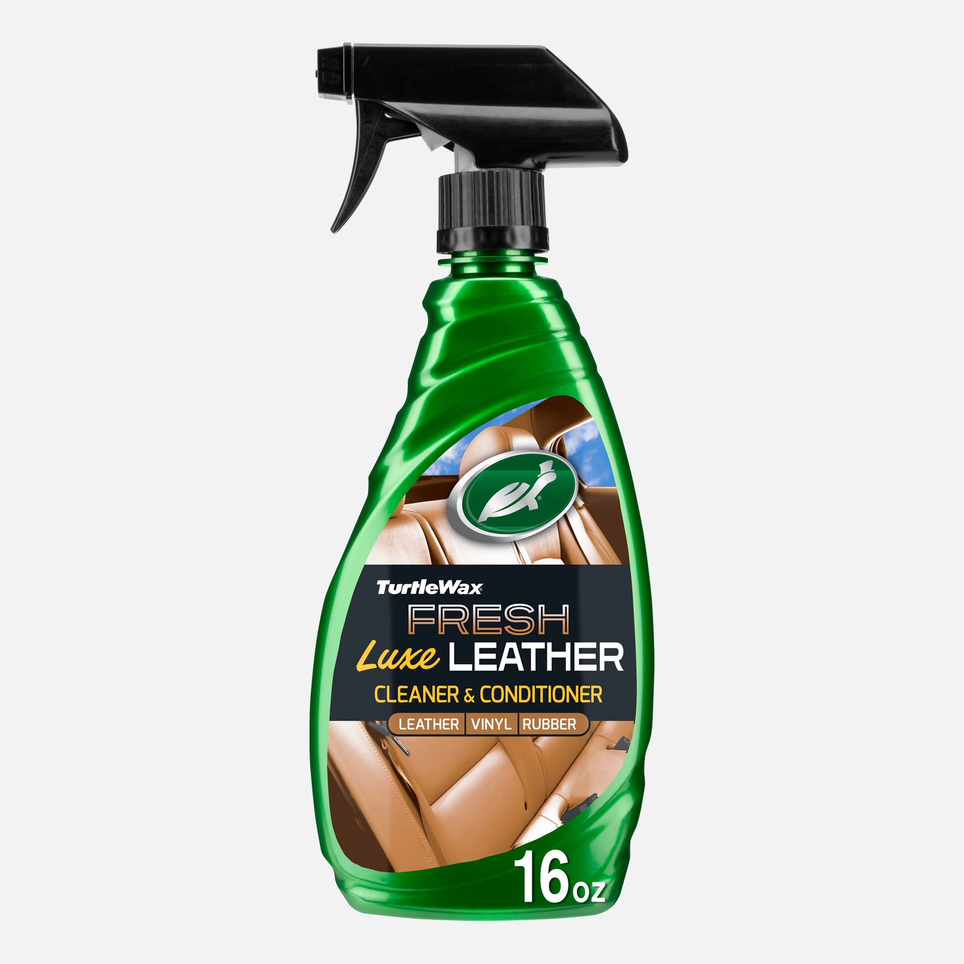 Turtle Wax Luxe Leather Cleaner & Conditioner in green spray bottle. For car, home, vinyl, and rubber cleaning in the USA.
