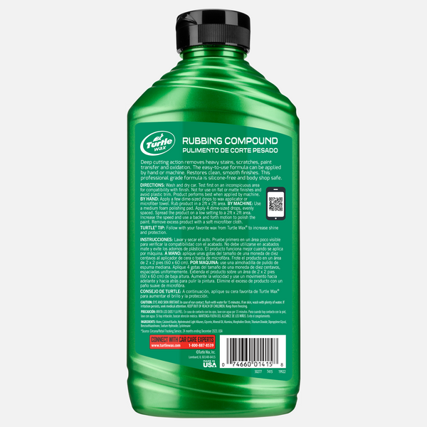 Green bottle of Turtle Wax Rubbing Compound. Silicone-free formula removes scratches and oxidation for a clean finish. Car detailing.