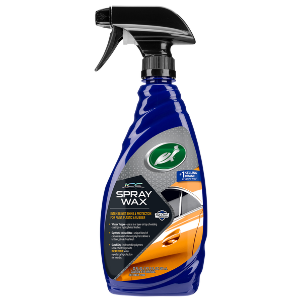 Turtle Wax ICE Spray Wax provides shine and protection for car paint, plastic, and rubber. It is residue-free.