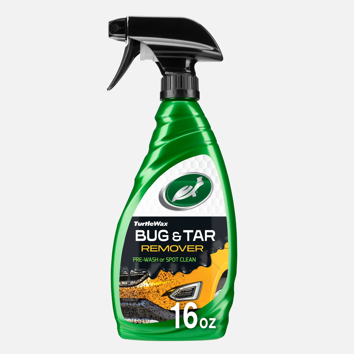 Turtle Wax Bug & Tar Remover in green spray bottle. Powerful formula dissolves residue. Before & after car image on label.