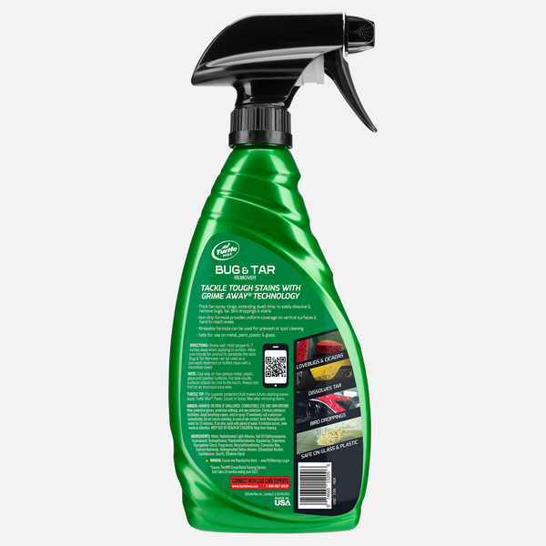 Green spray bottle of Turtle Wax Bug & Tar Remover tackles tough stains. Dissolves tar, bird droppings, lovebugs, and cicadas. Safe on plastic & glass.