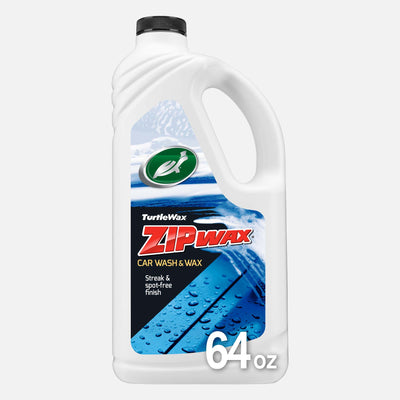 Turtle Wax Zip Wax bottle featuring car wash & wax, plus a Carnauba protection claim. The logo shows a turtle on the white container.