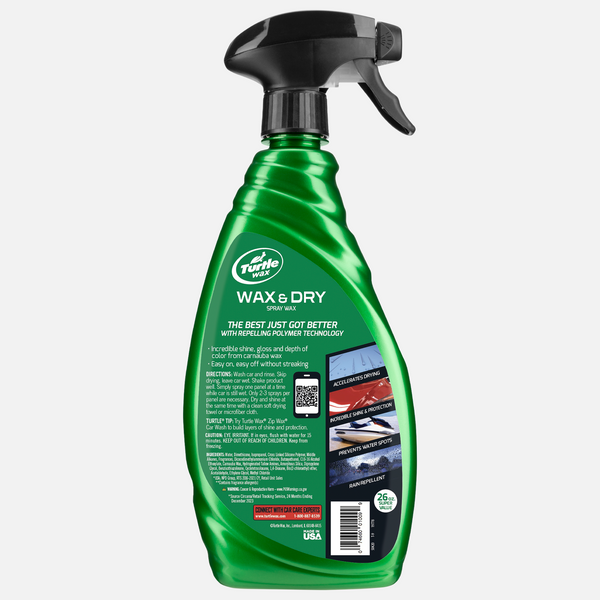 Green Turtle Wax spray bottle. Wax & Dry formula with polymer tech. Rain repellent, accelerates drying, provides incredible shine & protection. US made.