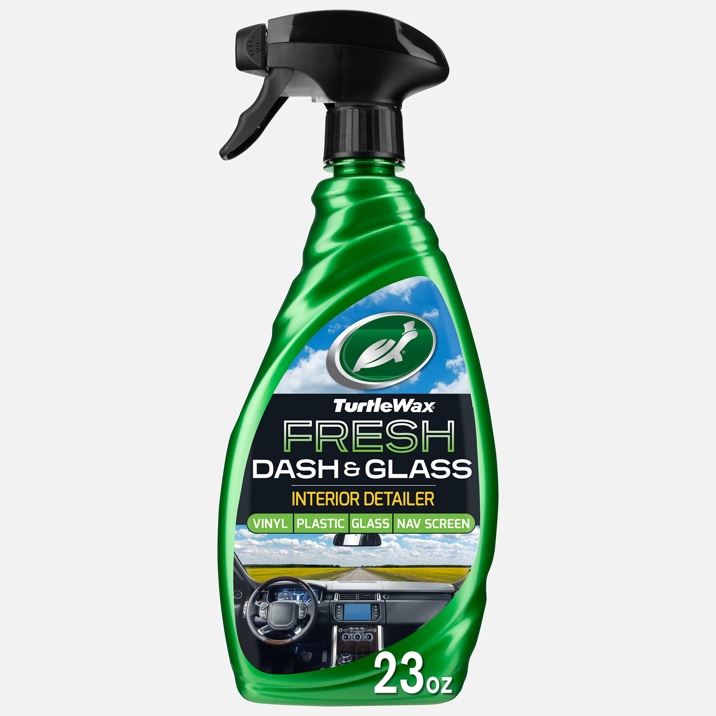 Turtle Wax Dash & Glass interior cleaner. Streak-free glass & non-greasy dash. Safe for tech screens. Caribbean Crush scent.