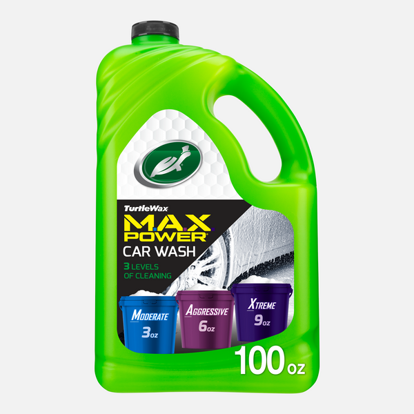 Green Turtle Wax Max Power Car Wash with 3 cleaning levels for removing grime, bugs, and brake dust. Foam sprayer ready.

