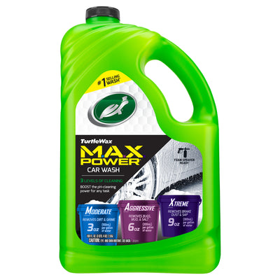 Green Turtle Wax Max Power Car Wash with 3 cleaning levels for removing grime, bugs, and brake dust. Foam sprayer ready.
