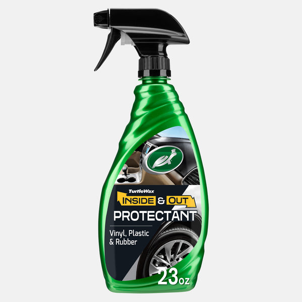 Green spray bottle of Turtle Wax Inside & Out Protectant for car interior and exterior, with tire and dashboard images on the label.
