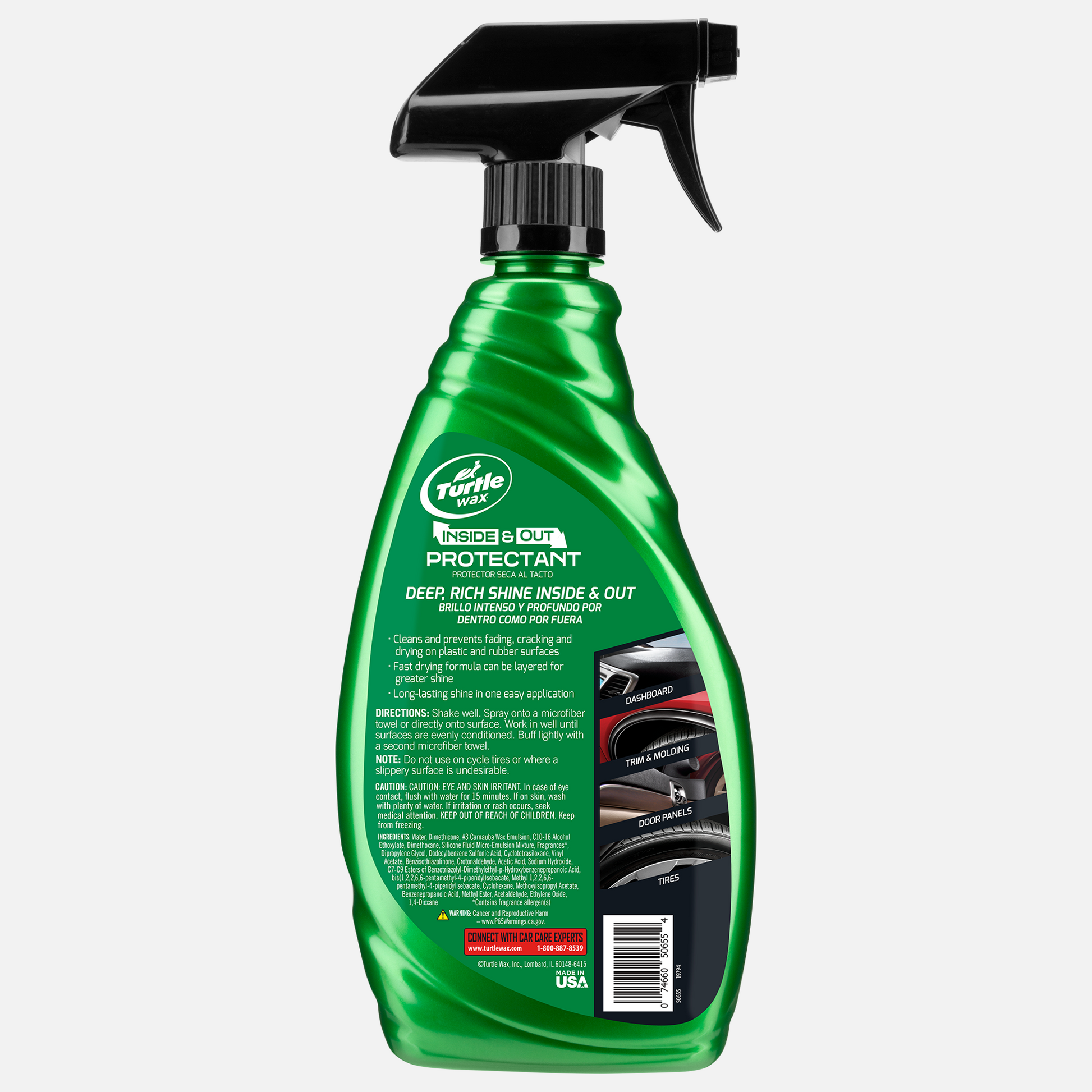 Turtle Wax inside and out car protectant in green spray bottle. Dashboard, trim, and tires pictured. Made in the USA.