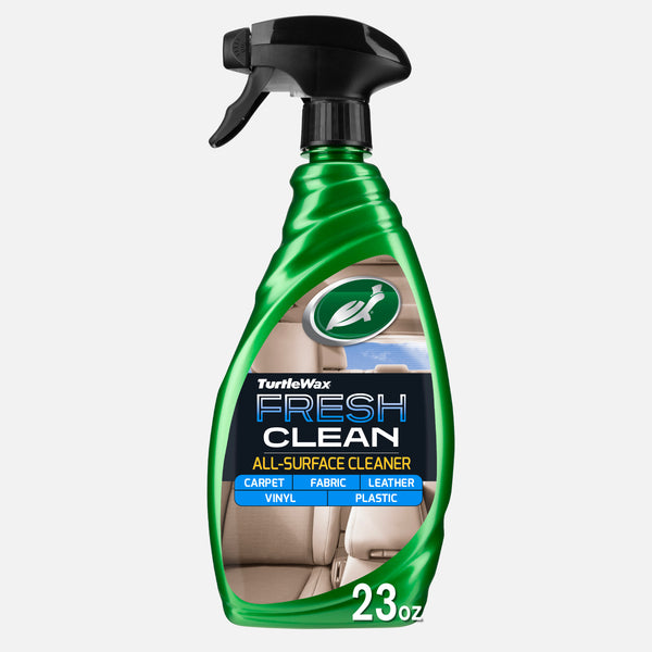 Turtle Wax Fresh Clean all-surface cleaner spray bottle. Kinetic New Car Scent. Enzyme Powered. Powerful stain and odor removal.