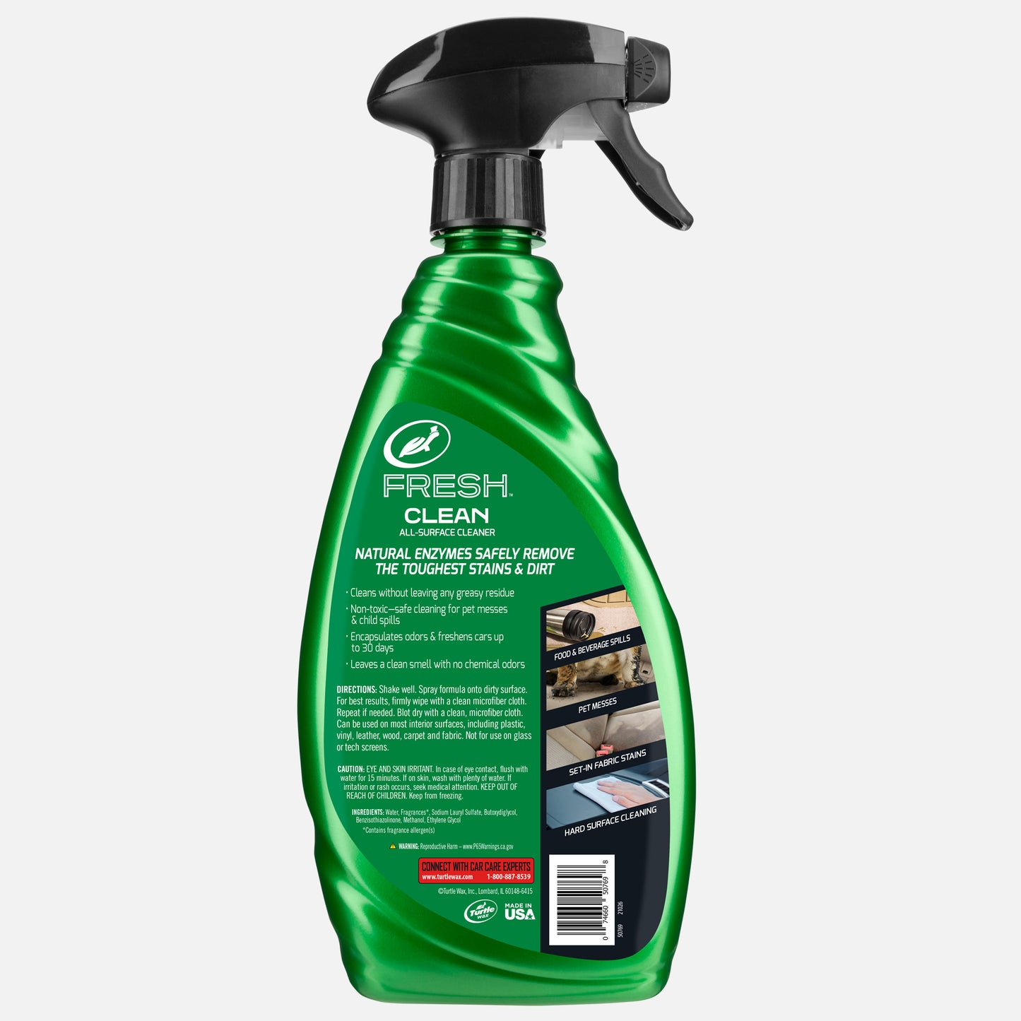 Green Turtle Wax Fresh Clean All-Surface Cleaner with natural enzymes for removing stains and dirt, featuring a spray nozzle.