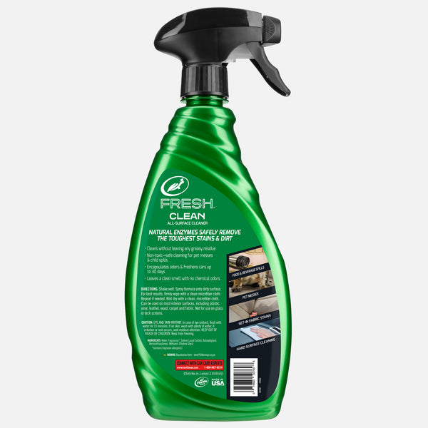 Green Turtle Wax Fresh Clean All-Surface Cleaner with natural enzymes for removing stains and dirt, featuring a spray nozzle.