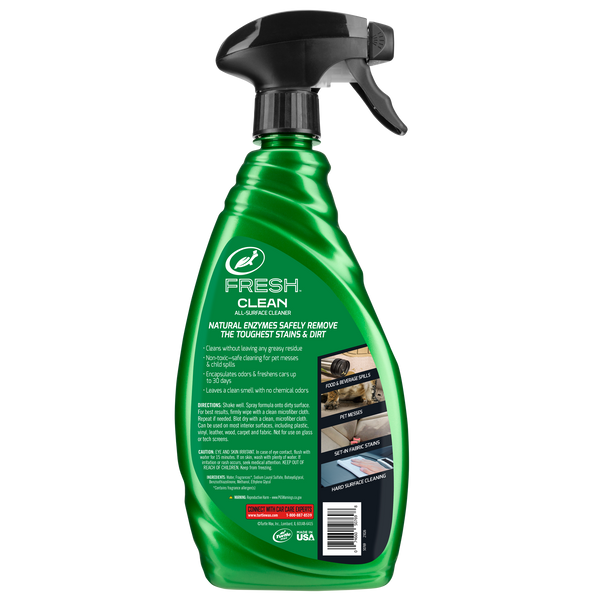 Green Turtle Wax Fresh Clean All-Surface Cleaner with natural enzymes for removing stains and dirt, featuring a spray nozzle.