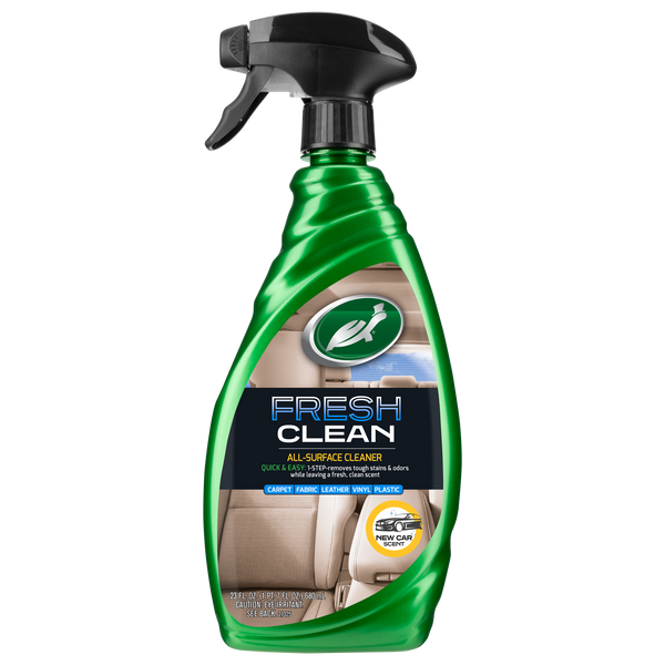 Turtle Wax Fresh Clean all-surface cleaner spray bottle. Kinetic New Car Scent. Enzyme Powered. Powerful stain and odor removal.
