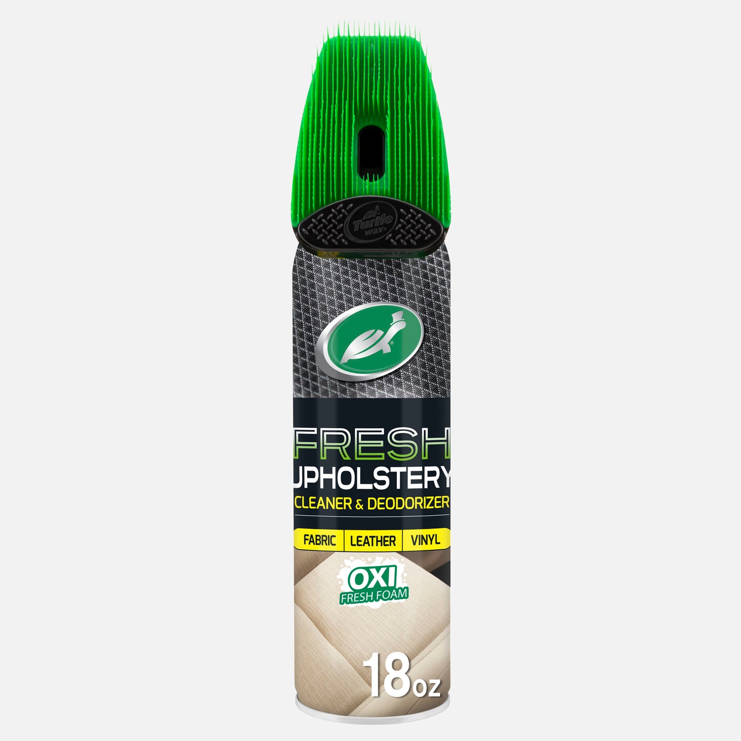 Turtle Wax Upholstery Cleaner, carpet and fabric stain and odor eliminator. It has a green brush-top applicator for car interiors.