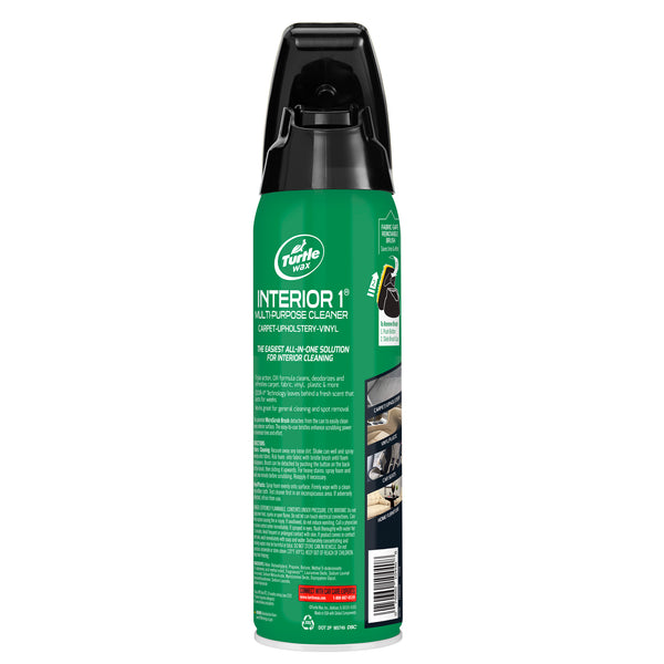 Bottle of Interior-1 Multi-Purpose Cleaner shown upright on a clean car seat, emphasizing interior-safe and effective use.