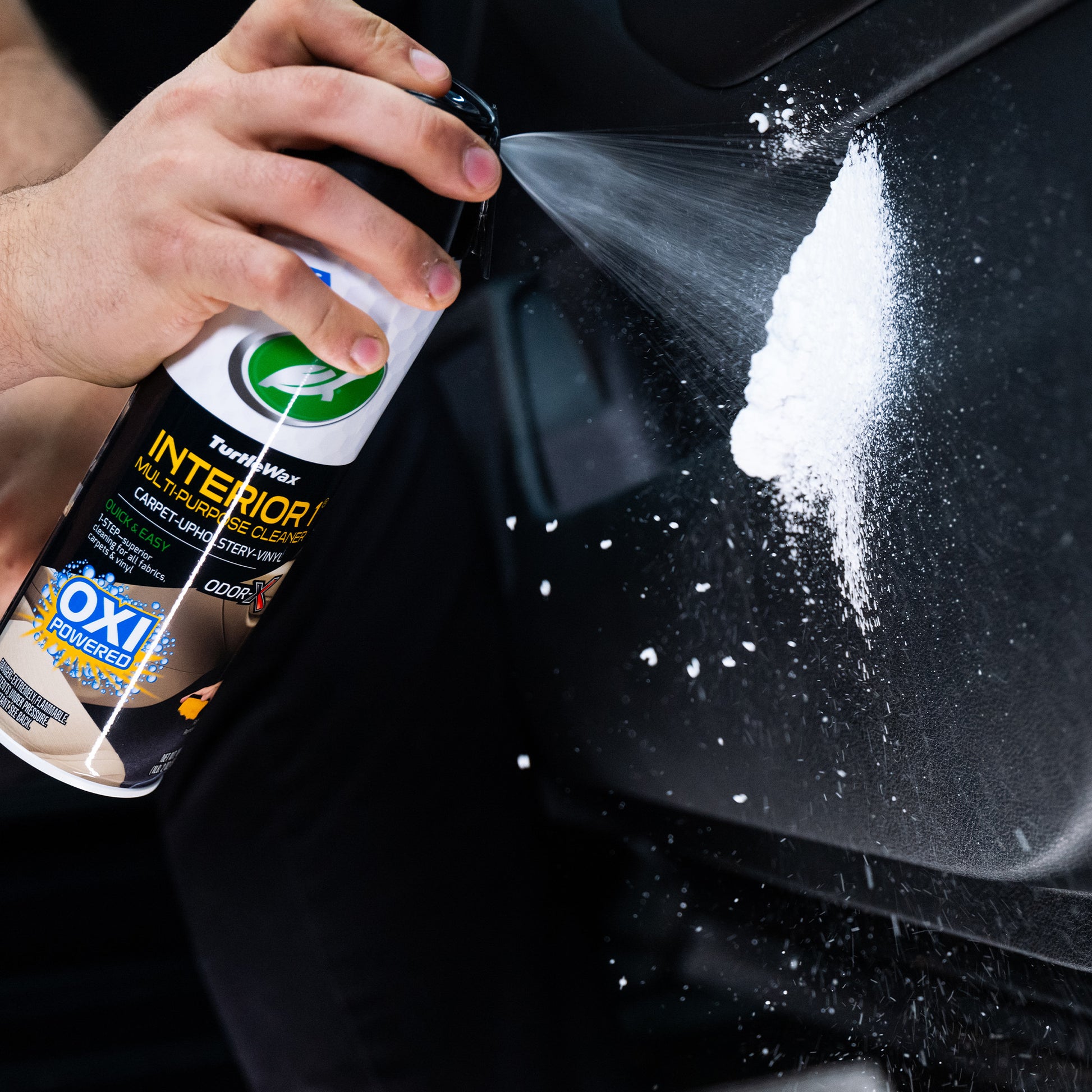 Turtle Wax Interior spray cleans car upholstery and carpets. Oxi-powered formula lifts dirt from fabric and vinyl.