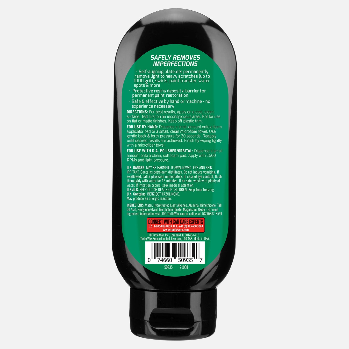 Turtle Wax car scratch remover bottle, in black. Restores auto paint, removes imperfections like swirls, and works on light to heavy damage.