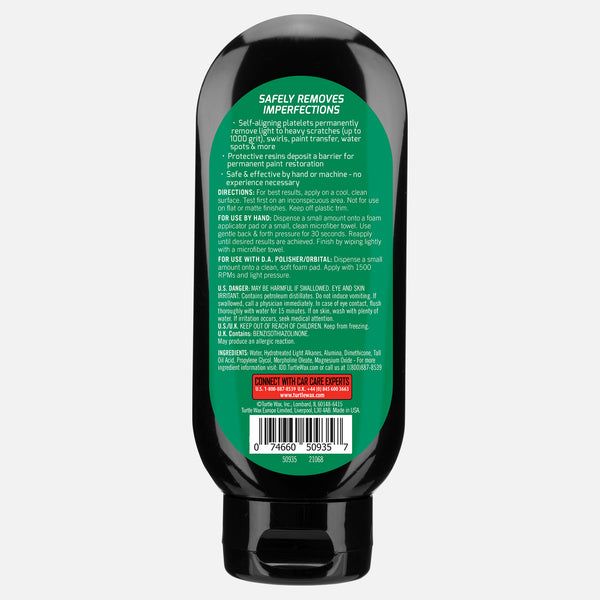 Turtle Wax car scratch remover bottle, in black. Restores auto paint, removes imperfections like swirls, and works on light to heavy damage.