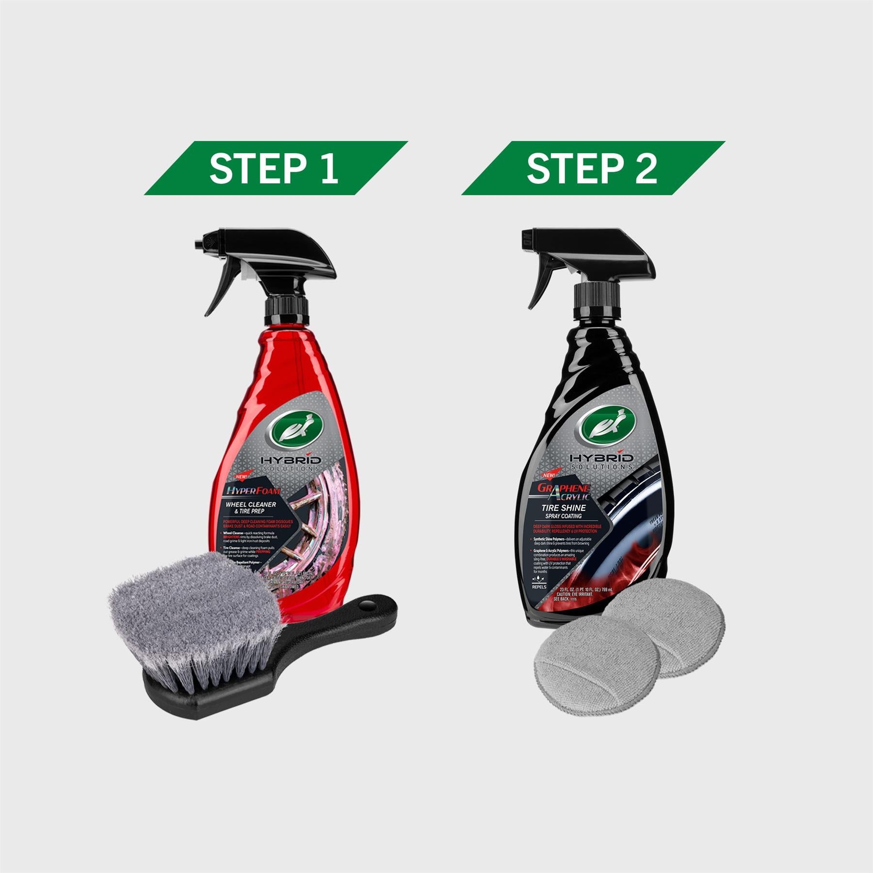 Two-step wheel & tire care: Turtle Wax Hybrid Solutions Hyperfoam Wheel Cleaner with brush, Graphene Acrylic Tire Shine with applicators.
