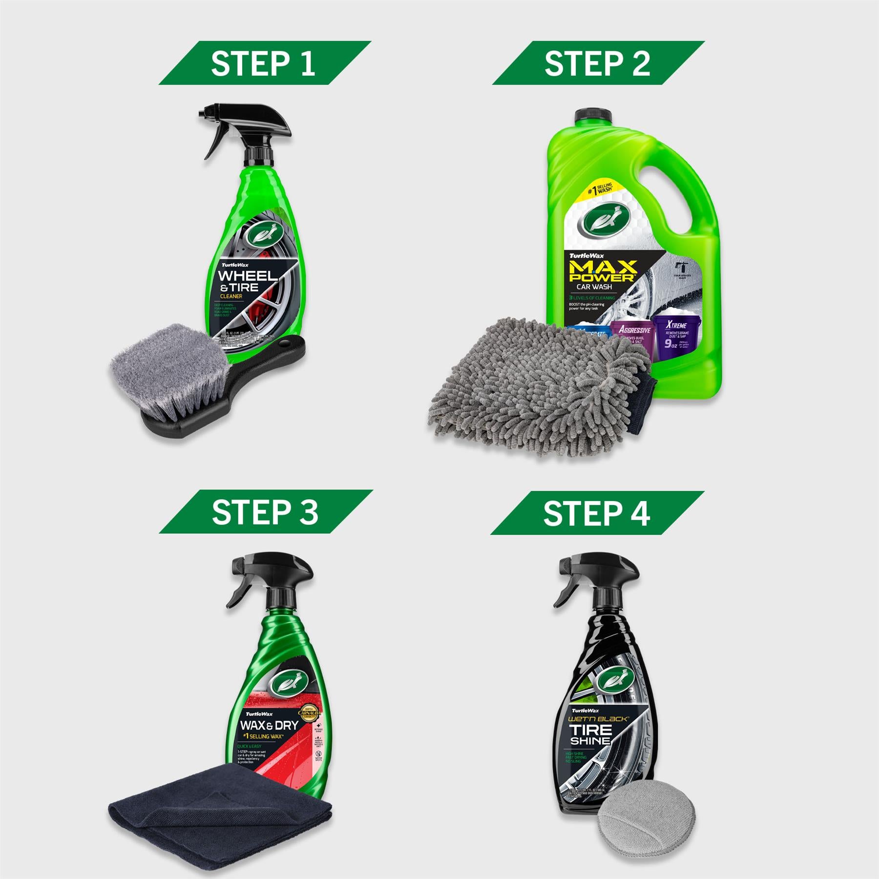 Turtle Wax auto detailing kit. Steps include wheel cleaner, car wash, wax & dry, and tire shine. Microfiber cloths & a brush included.