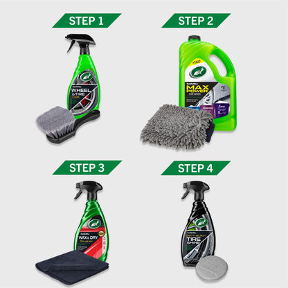 Turtle Wax auto detailing kit. Steps include wheel cleaner, car wash, wax & dry, and tire shine. Microfiber cloths & a brush included.