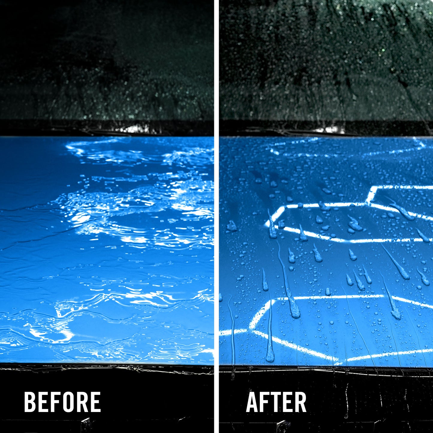 Before and after comparison of using Ceramic Spray coating on a blue car