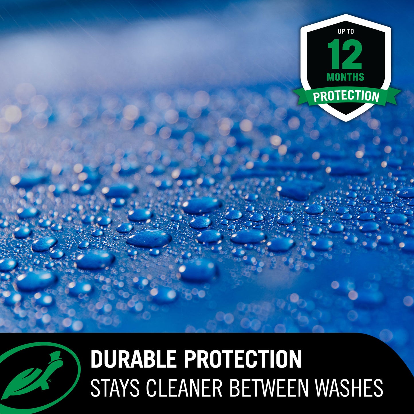 Ceramic Spray coating durable protection infographic showing water beading on a blue car