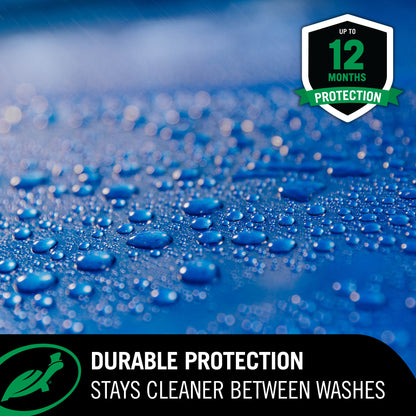 Ceramic Spray coating durable protection infographic showing water beading on a blue car